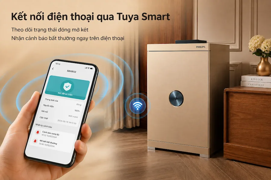 Minh hoạ cho tính năng kết nối điện thoại thông minh của két sắt Philips SBX602