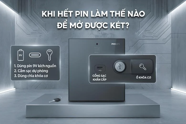 Khi két hết pin, sử dụng phương án cấp nguồn hoặc mở dự phòng theo hướng dẫn của model.