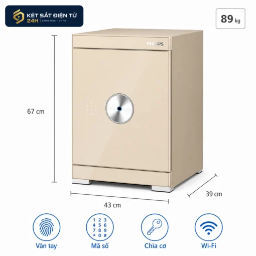 Kích thước két sắt Philips SBX602-6CU 67 x 43 x 39 cm, trọng lượng 89 kg